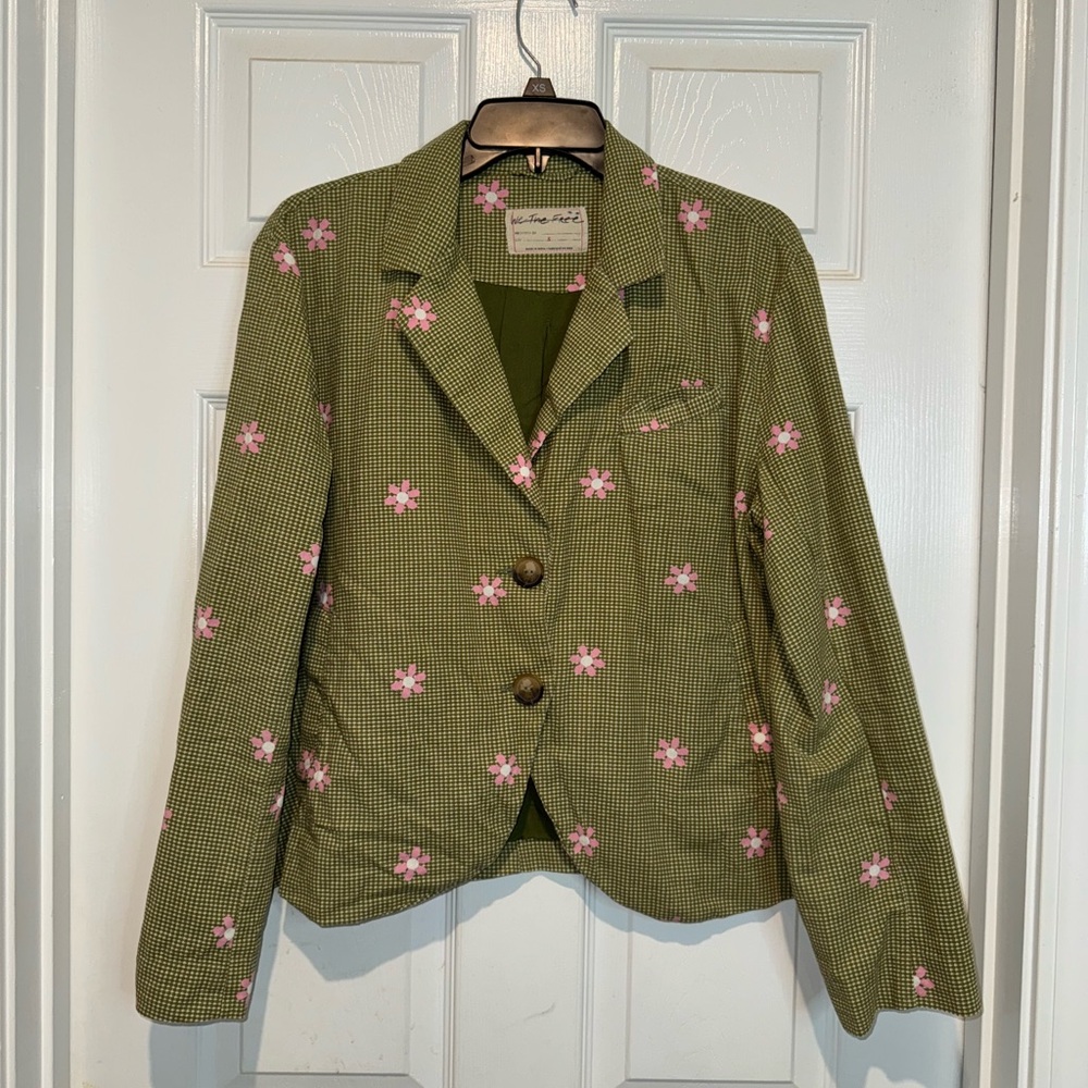 We The Free Olive Green Blazer with Pink Floral Embroidery